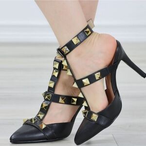 Size 8.5 Forever Black ankle strap stiletto heels gold studs NEW Valentino insp